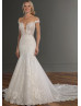 Plunging Neck Beaded Ivory Lace Tulle Deep V Pearl Buttons Back Wedding Dress